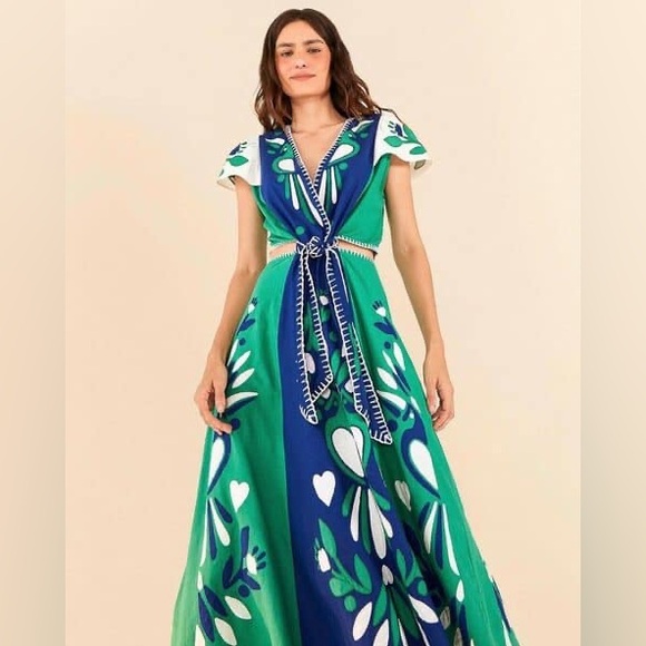 Farm Rio Soft Garden Patchwork Linen-Blend Midi Dress NWT - Picture 4 of 14